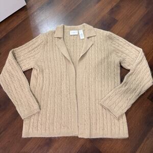 Liz Claiborne Cable Knit Silk Angora Collared Cardigan Casual Preppy Tan Sz M